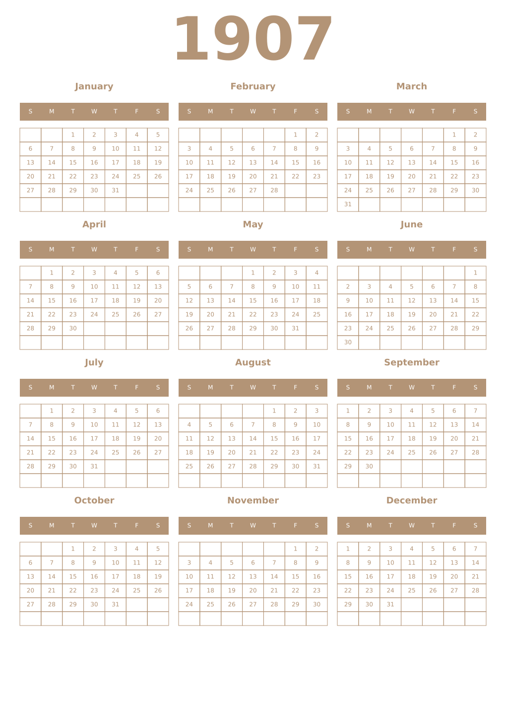 Printable 1907 Year Calendars isabelline