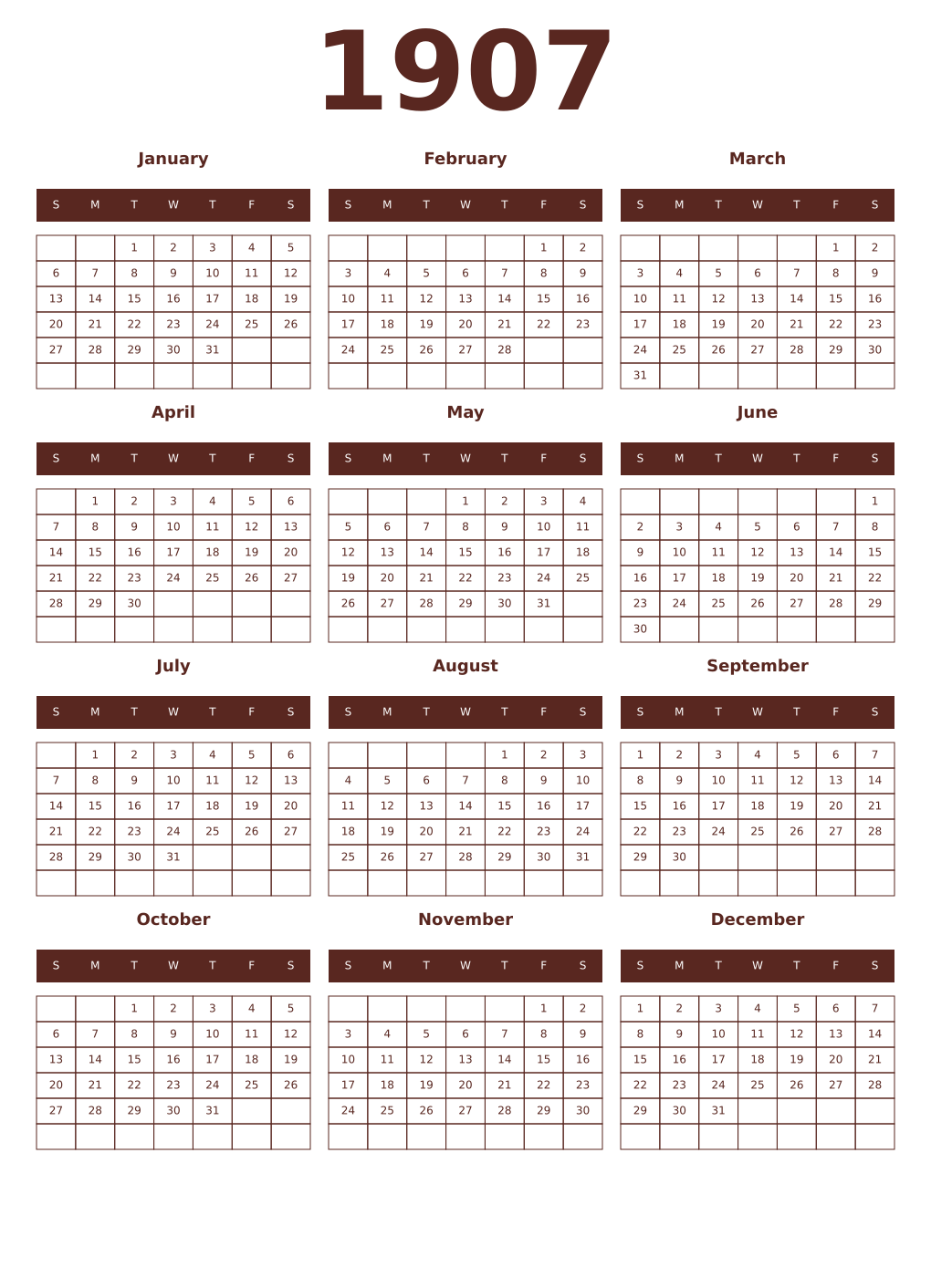Printable 1907 Year Calendars mortuum