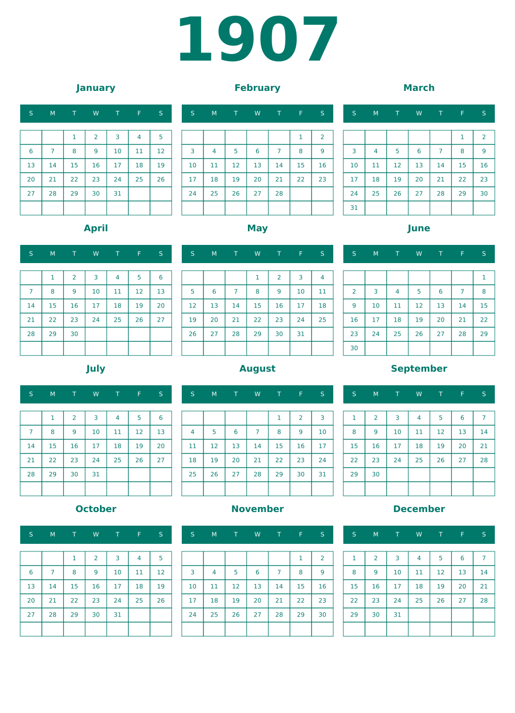 Printable 1907 Year Calendars pastel