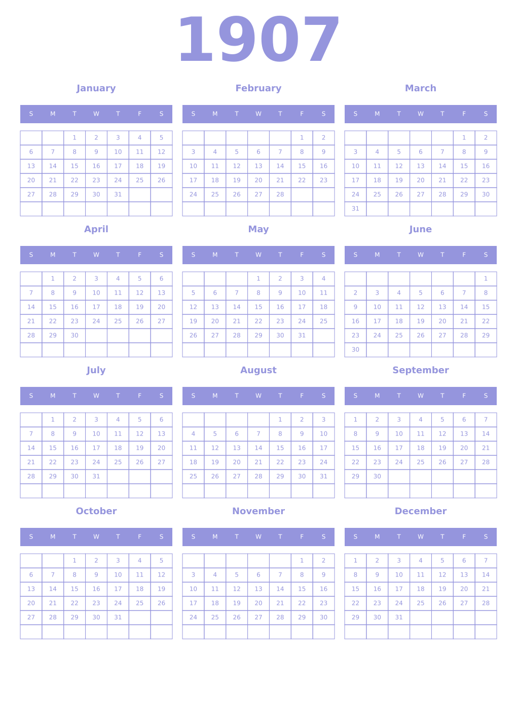 Printable 1907 Year Calendars periwinkle