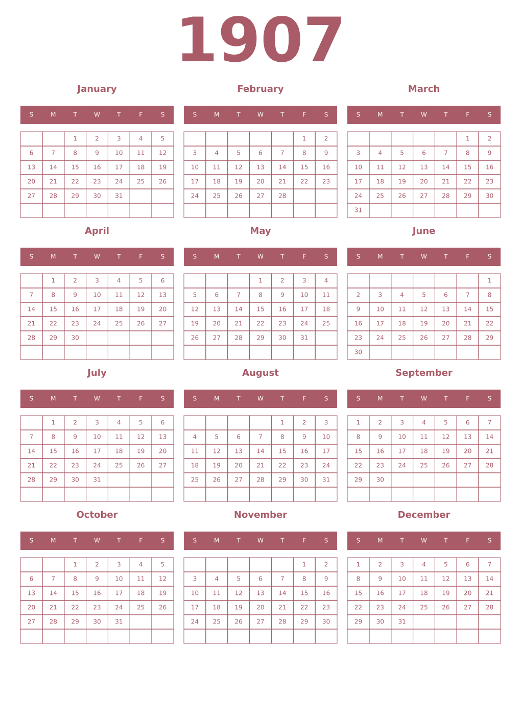 Printable 1907 Year Calendars puce