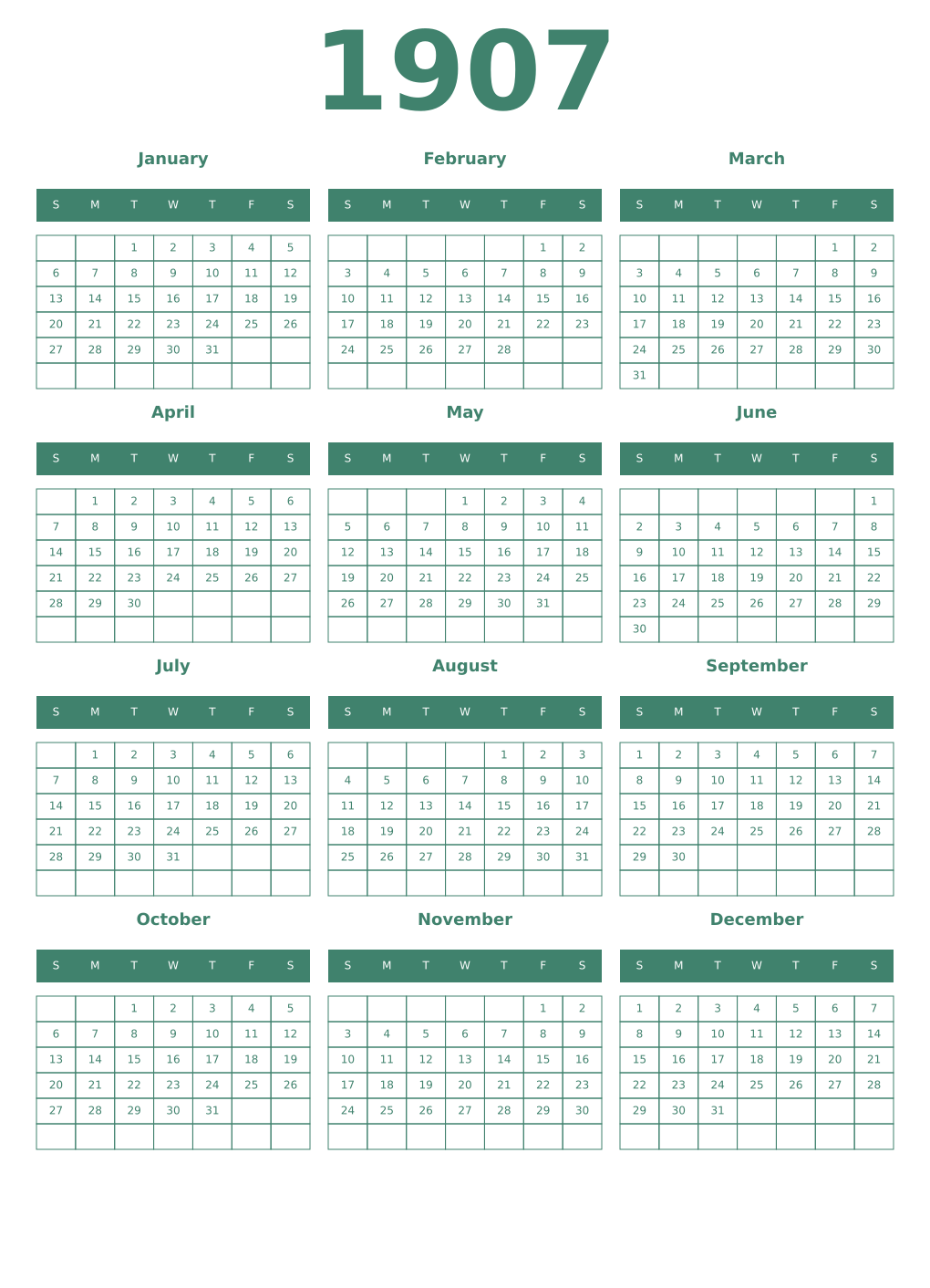 Printable 1907 Year Calendars viridian