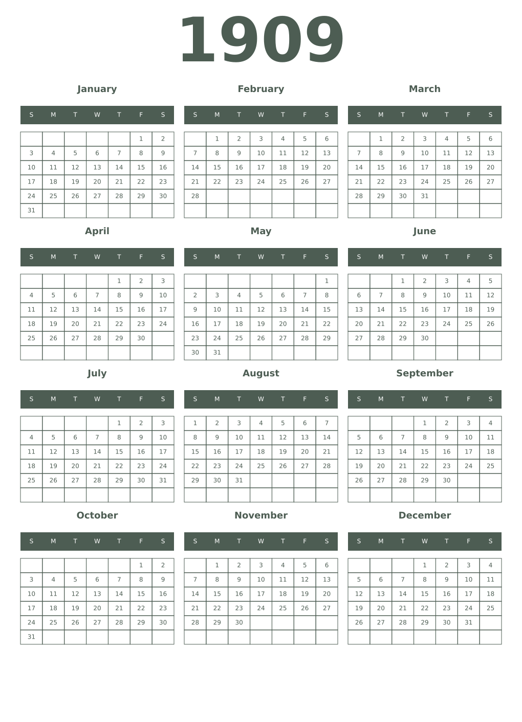 Printable 1909 Year Calendars feldgrau
