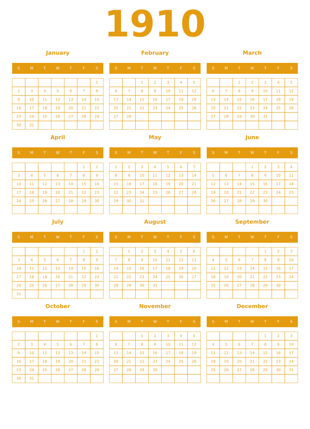 Printable 1910 Year Calendars gamboge