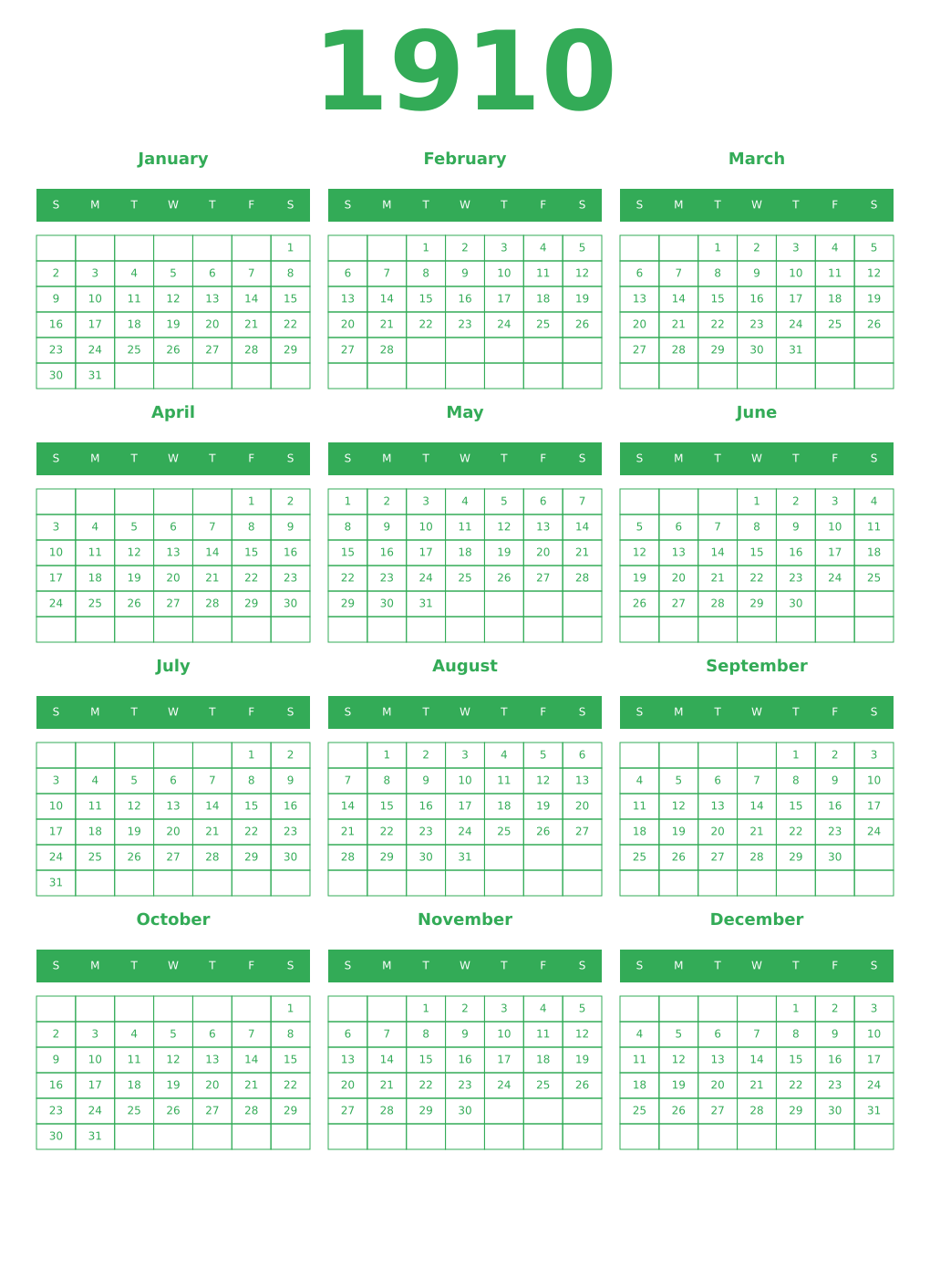 Printable 1910 Year Calendars green