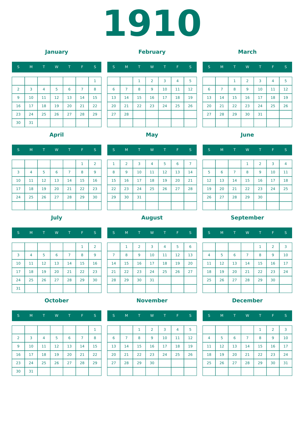Printable 1910 Year Calendars pastel