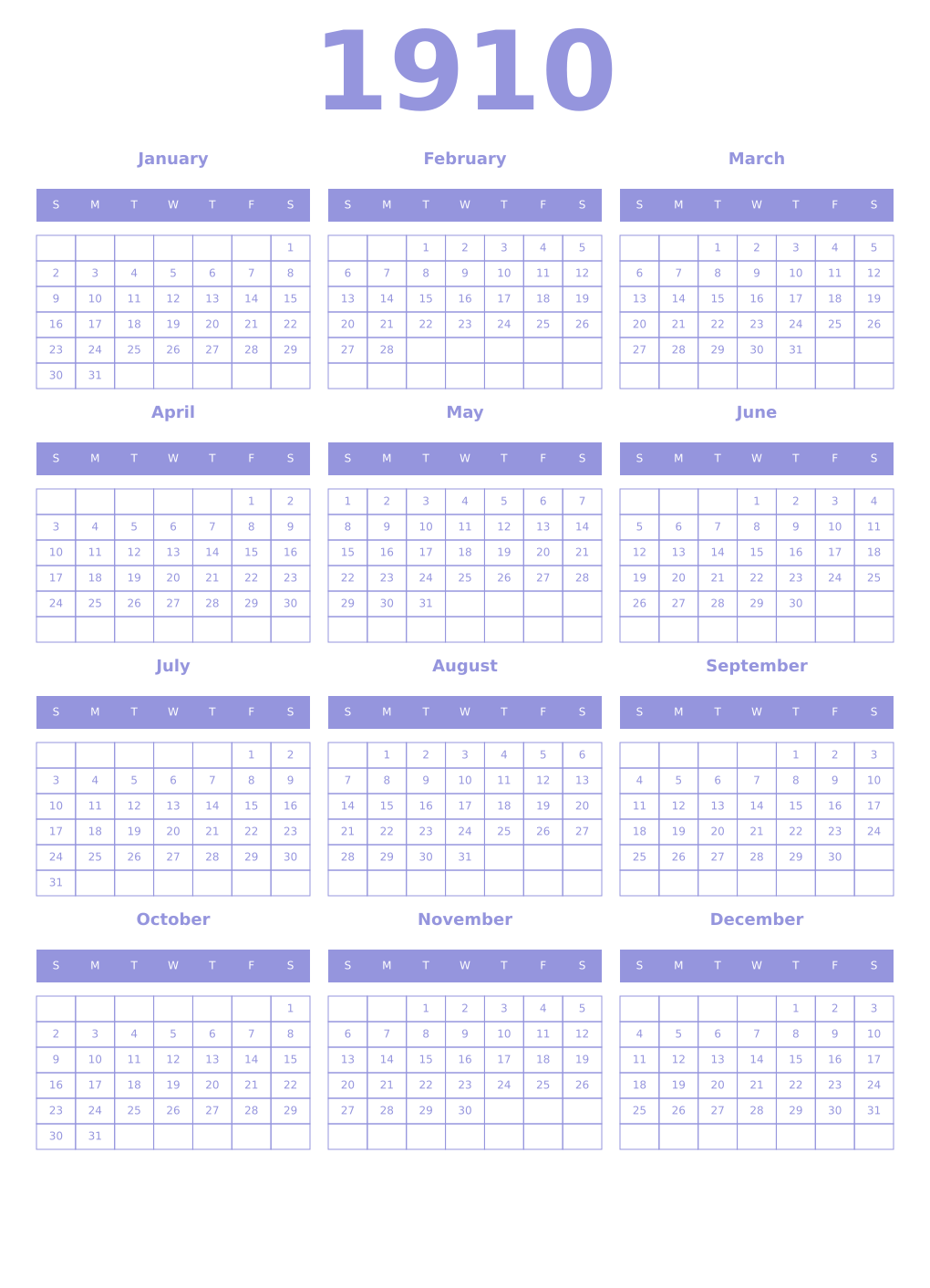 Printable 1910 Year Calendars periwinkle