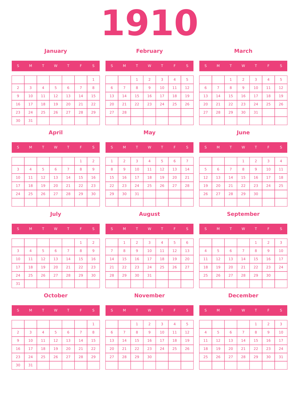 Printable 1910 Year Calendars pink