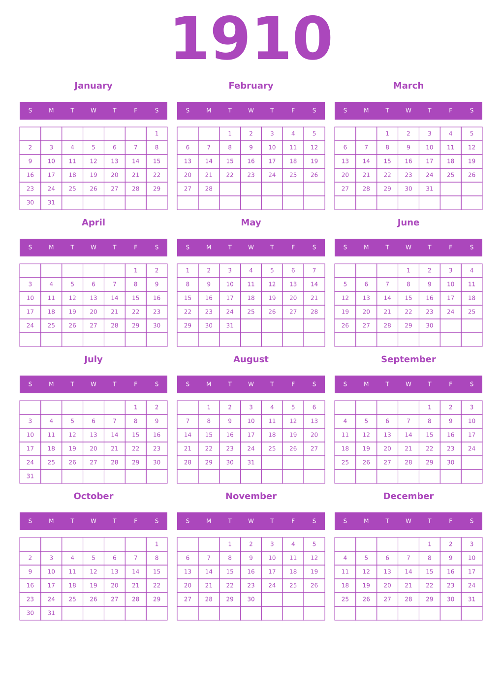 Printable 1910 Year Calendars purple