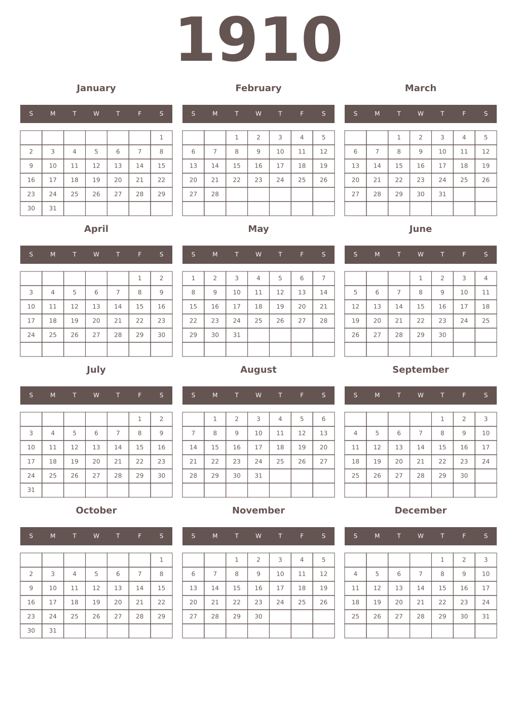 Printable 1910 Year Calendars wenge