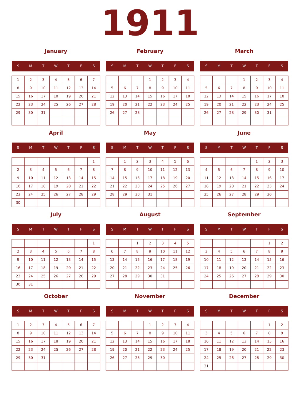 Printable 1911 Year Calendars falu