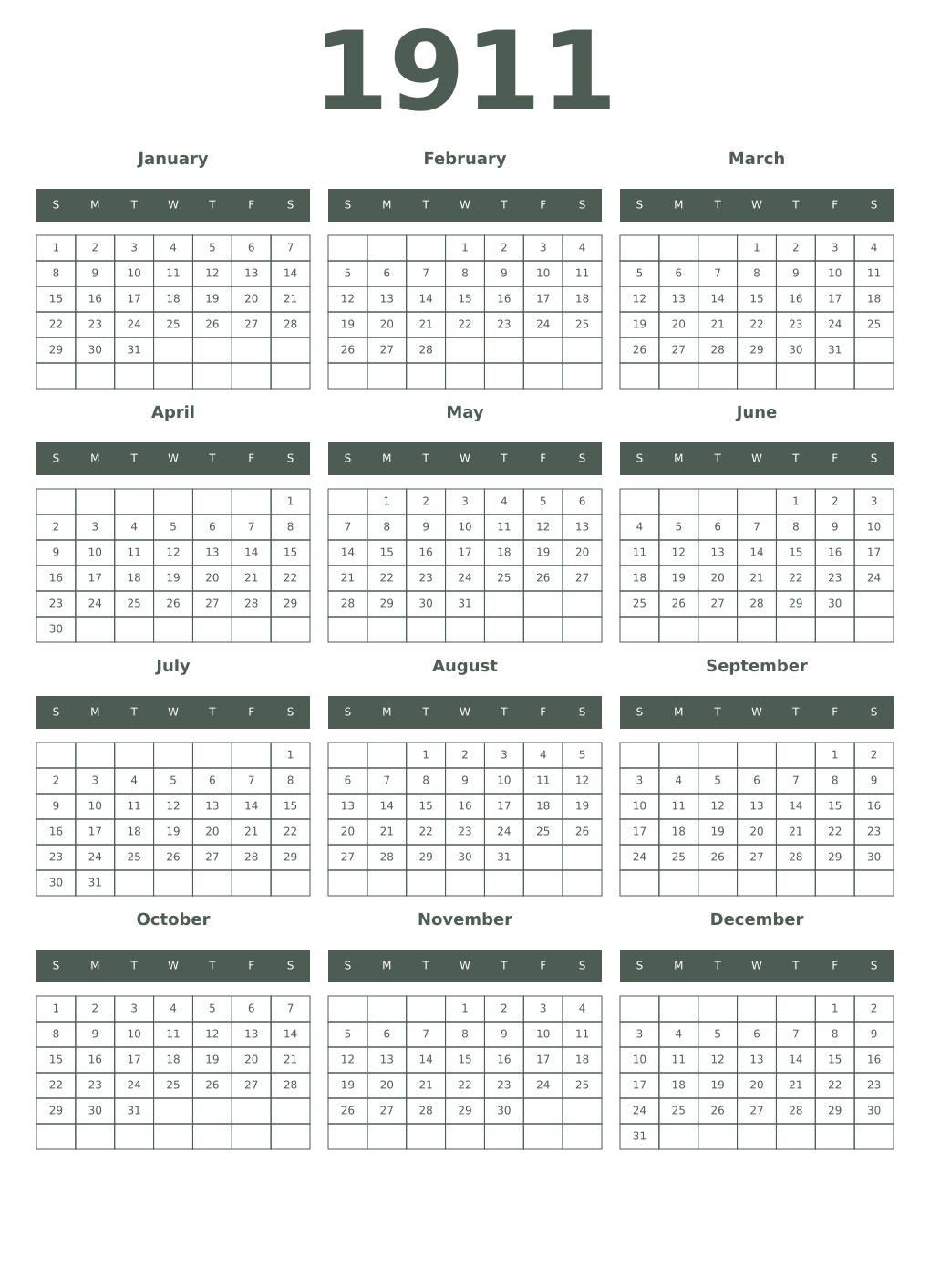 Printable 1911 Year Calendars feldgrau