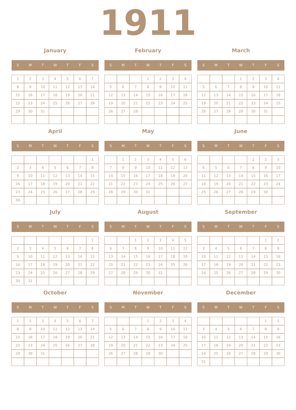 Printable 1911 Year Calendars isabelline