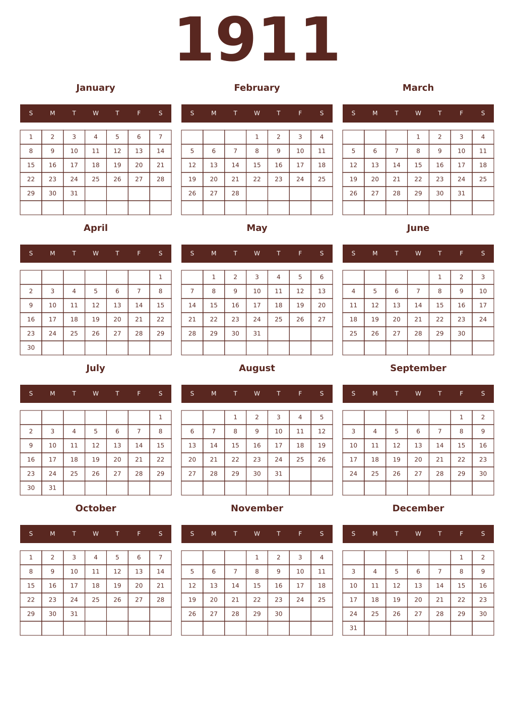 Printable 1911 Year Calendars mortuum