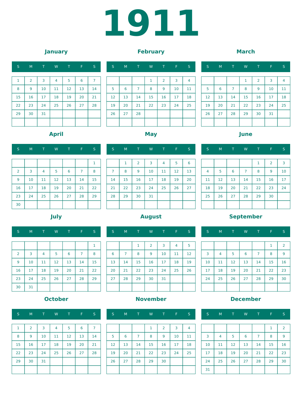 Printable 1911 Year Calendars pastel