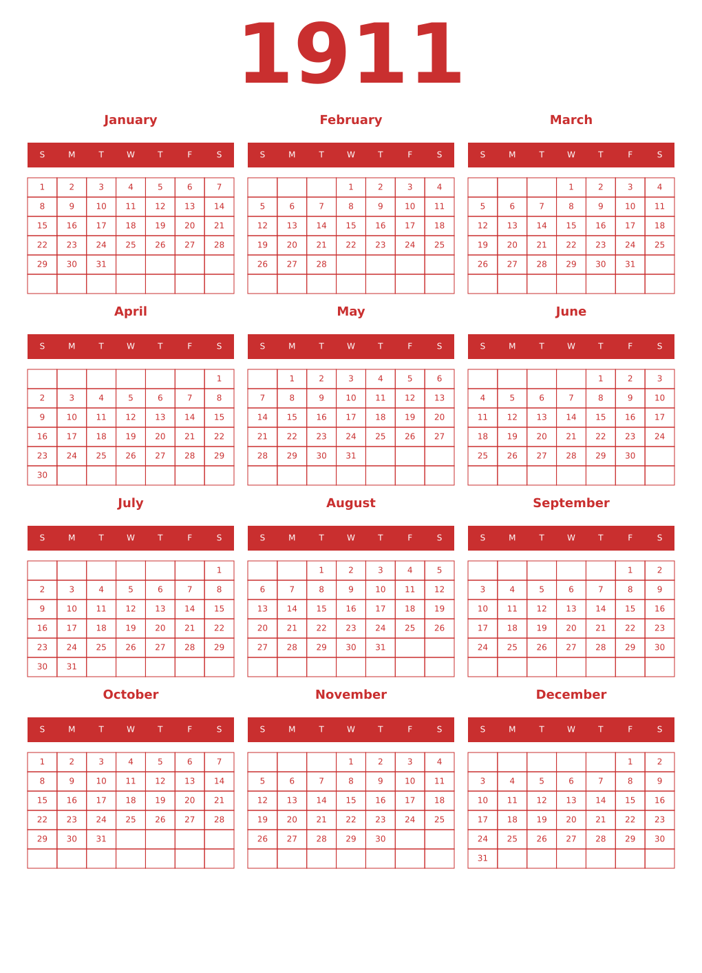 Printable 1911 Year Calendars red