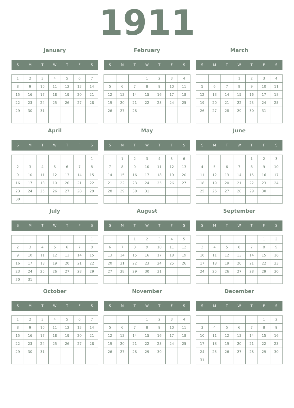 Printable 1911 Year Calendars xanadu