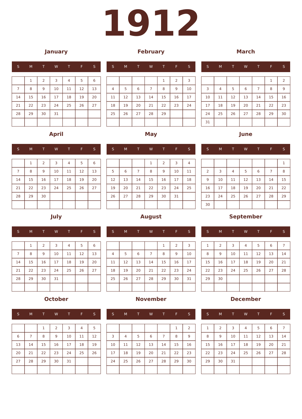 Printable 1912 Year Calendars mortuum
