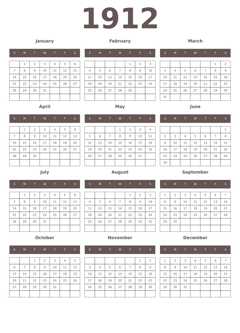 Printable 1912 Year Calendars wenge