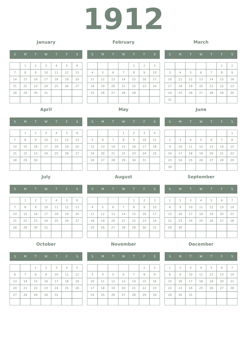 Printable 1912 Year Calendars xanadu