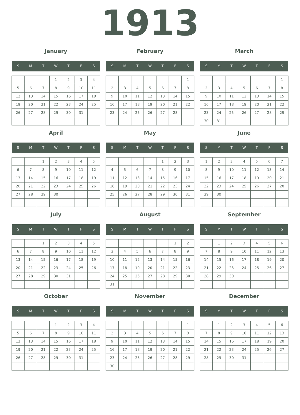 Printable 1913 Year Calendars feldgrau