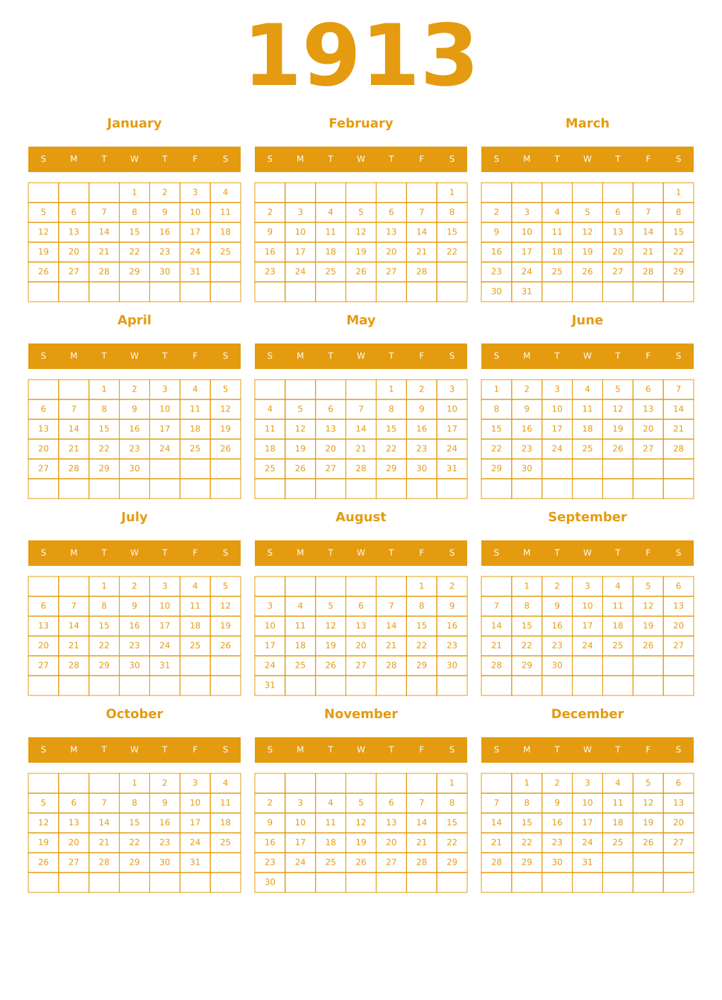 Printable 1913 Year Calendars gamboge