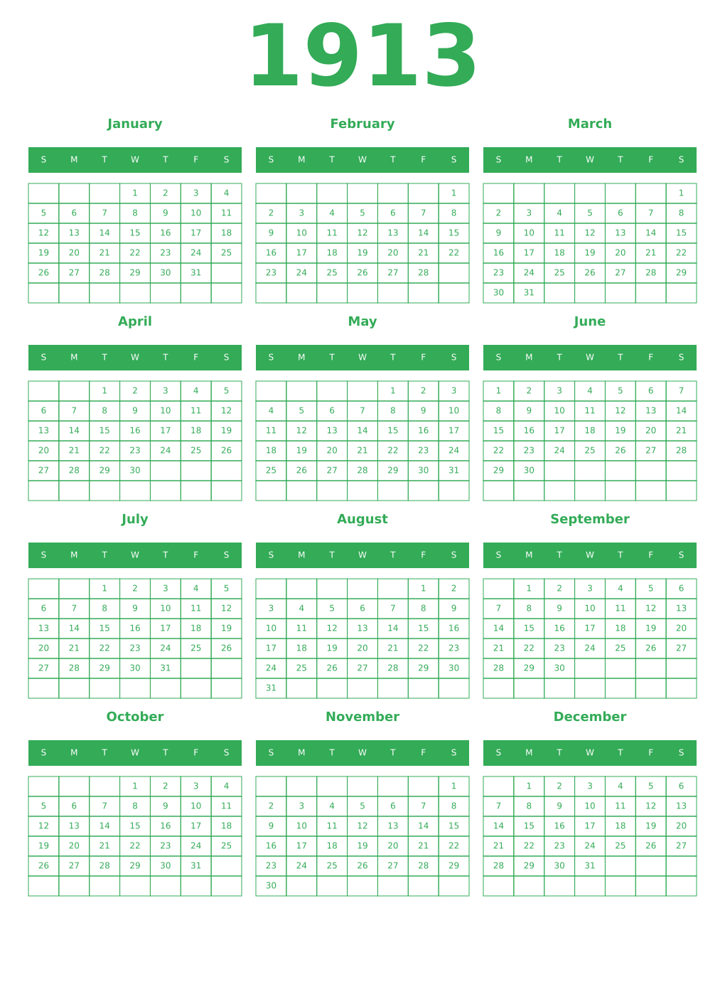 Printable 1913 Year Calendars green