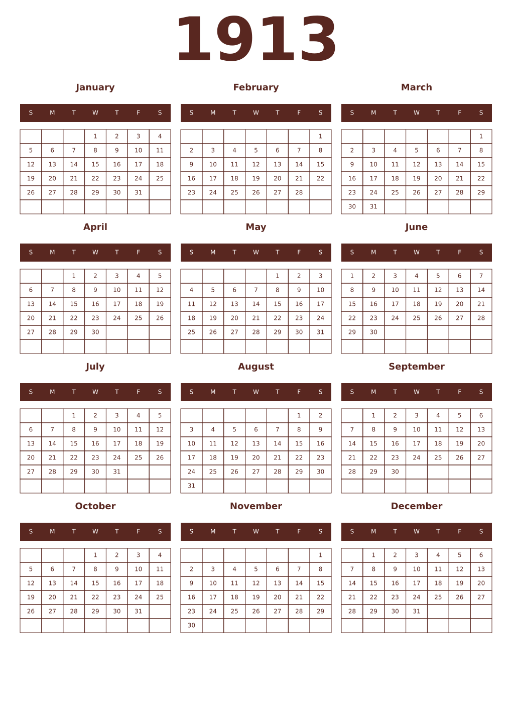Printable 1913 Year Calendars mortuum