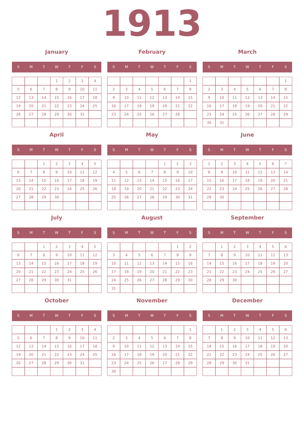 Printable 1913 Year Calendars puce