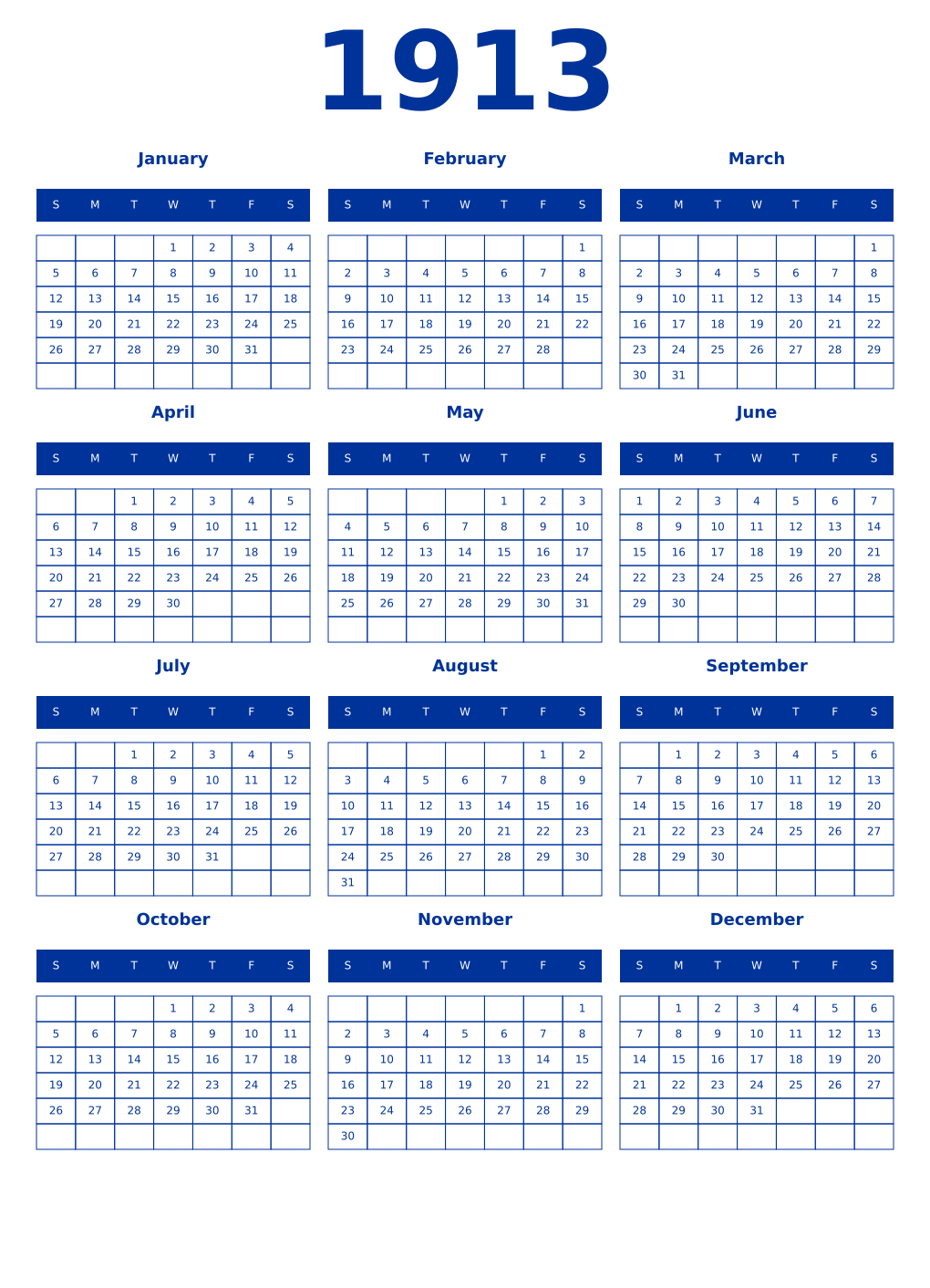 Printable 1913 Year Calendars smalt