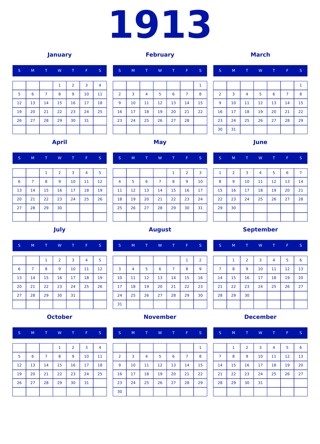 Printable 1913 Year Calendars zaffre