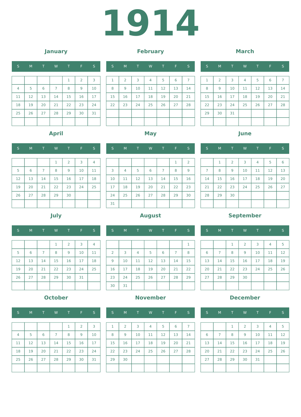 Printable 1914 Year Calendars viridian