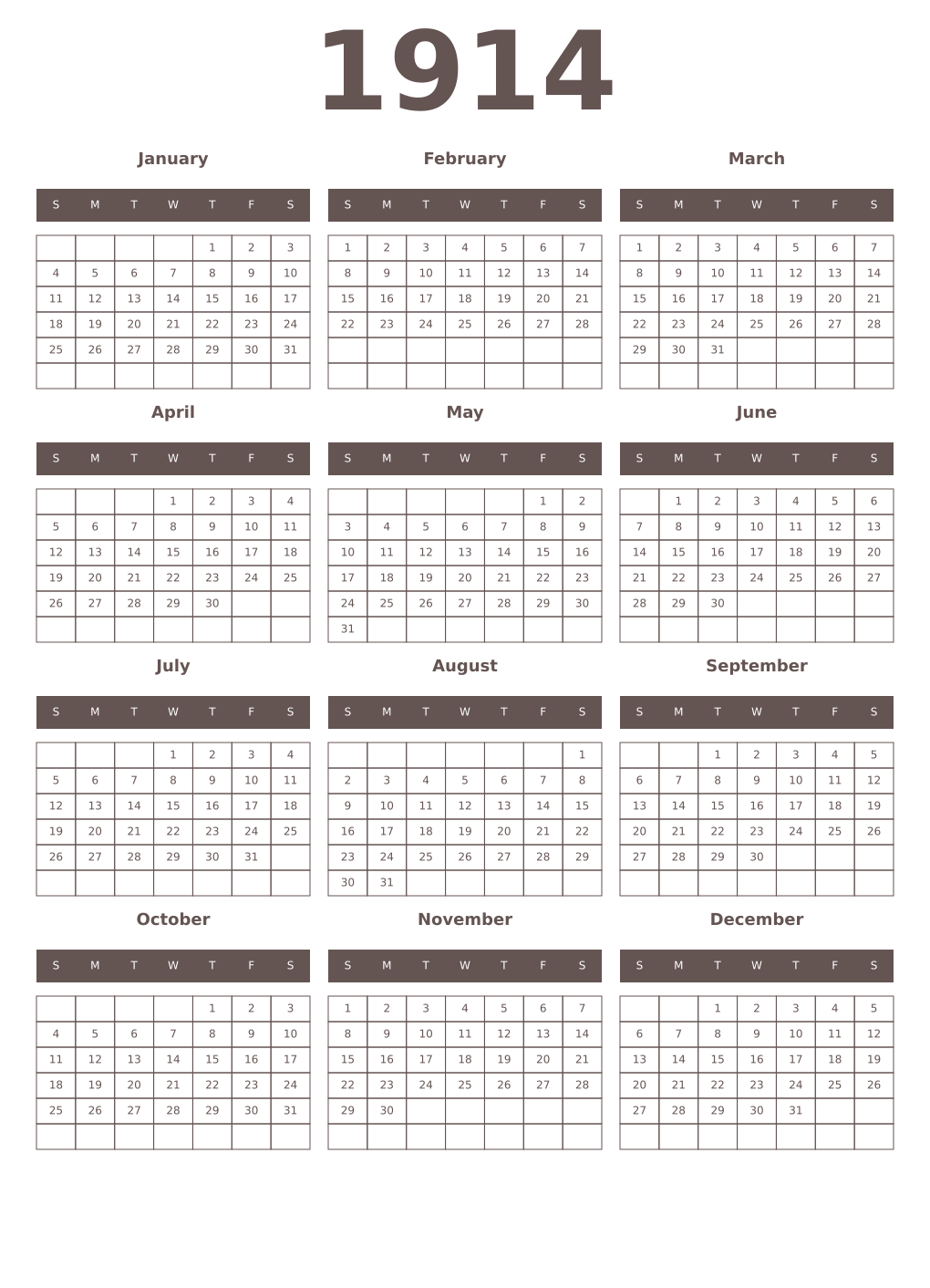 Printable 1914 Year Calendars wenge