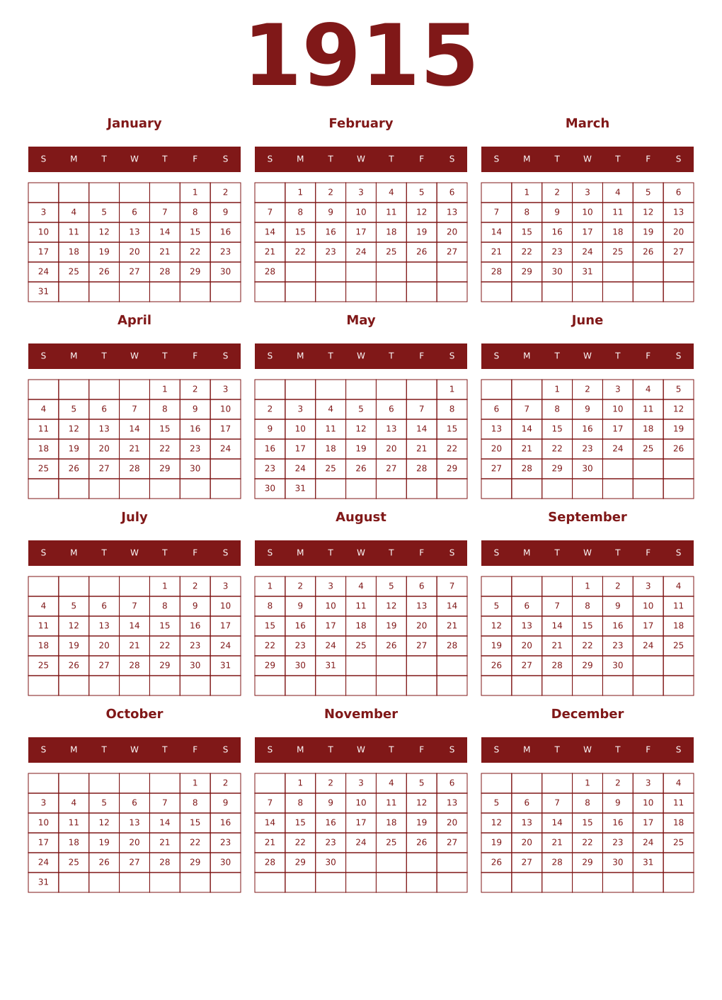 Printable 1915 Year Calendars falu