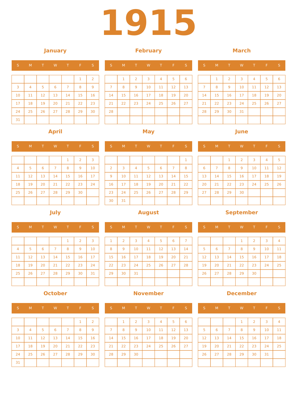 Printable 1915 Year Calendars orange