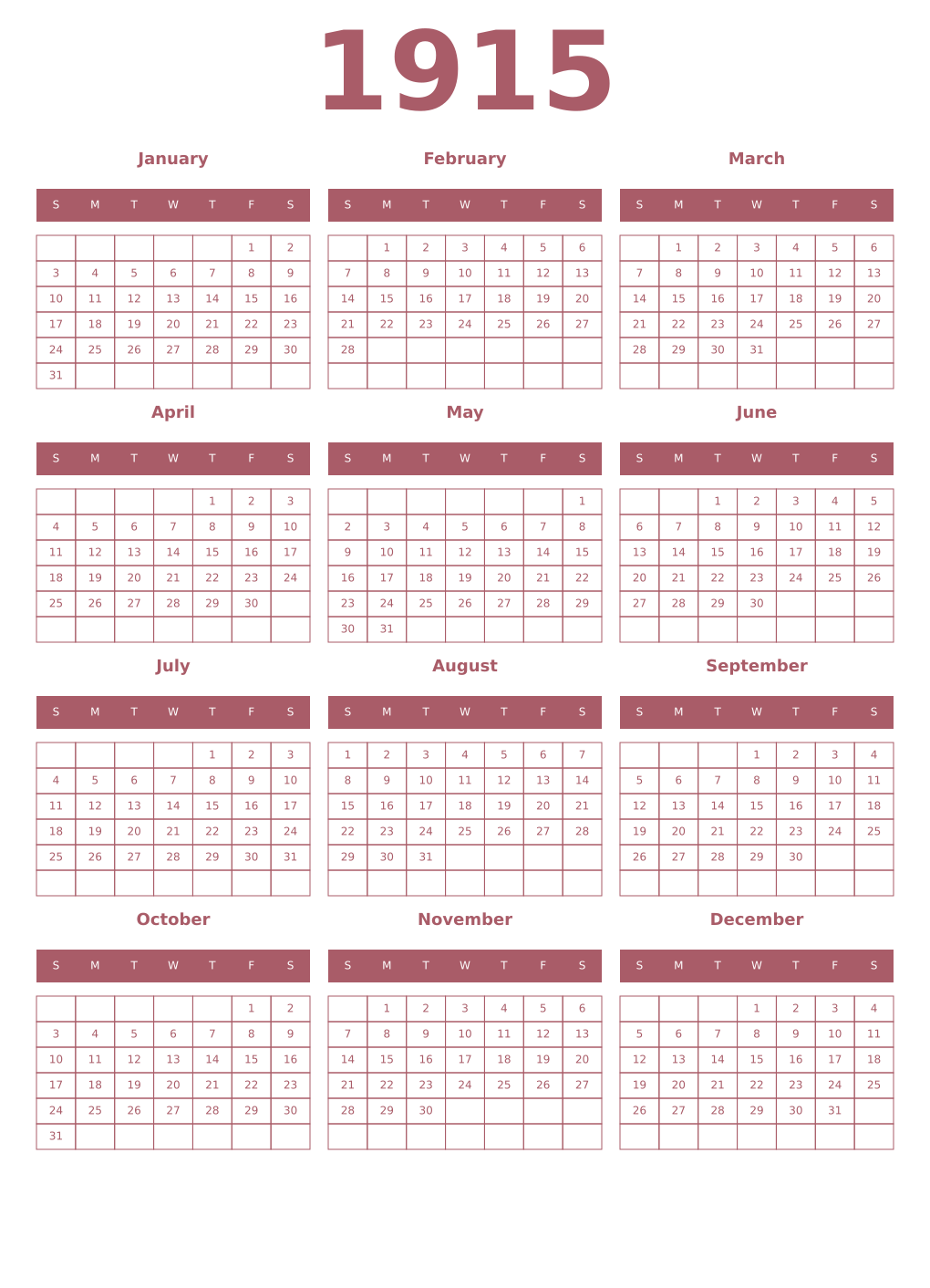 Printable 1915 Year Calendars puce