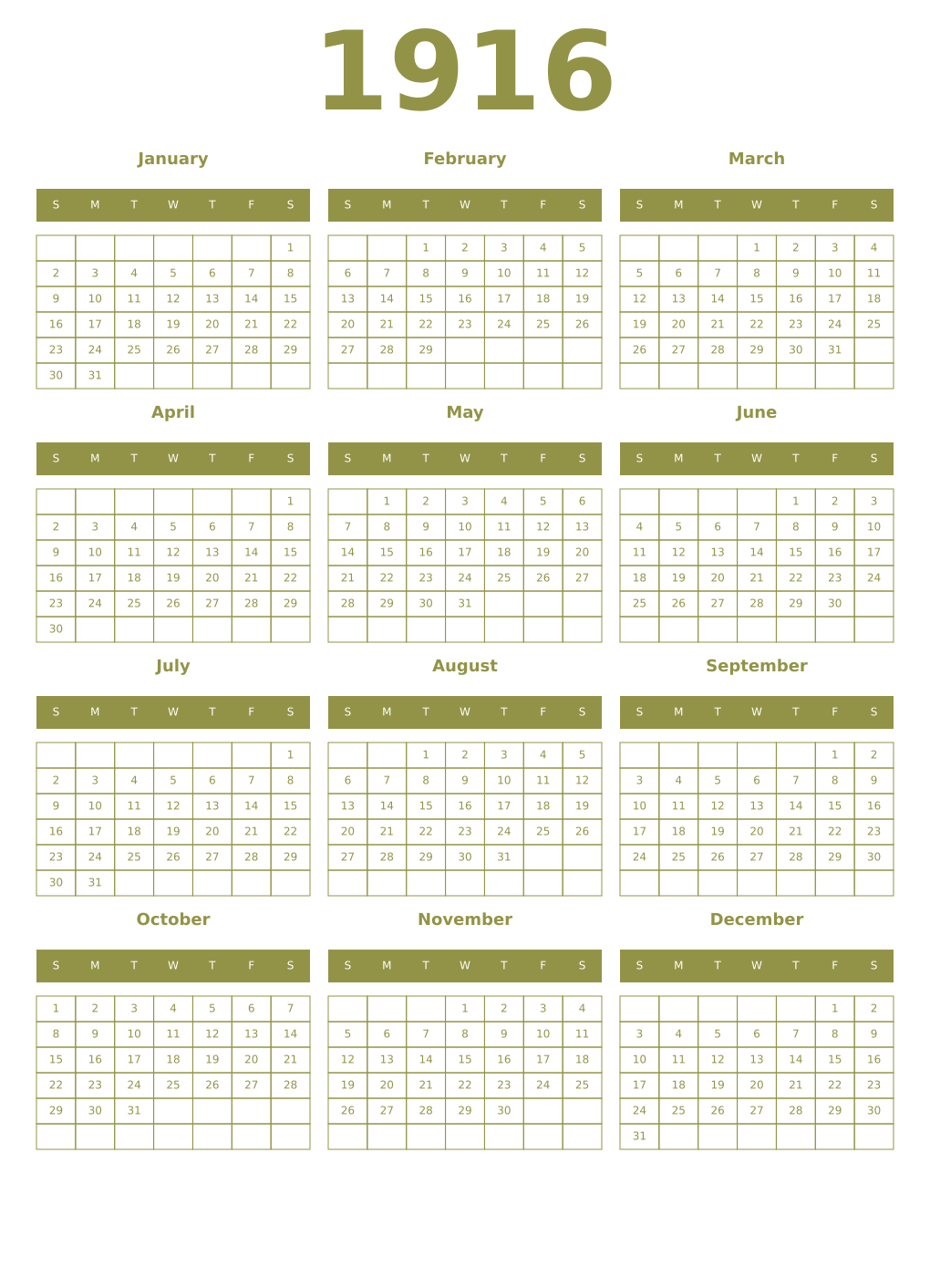 Printable 1916 Year Calendars eburnean