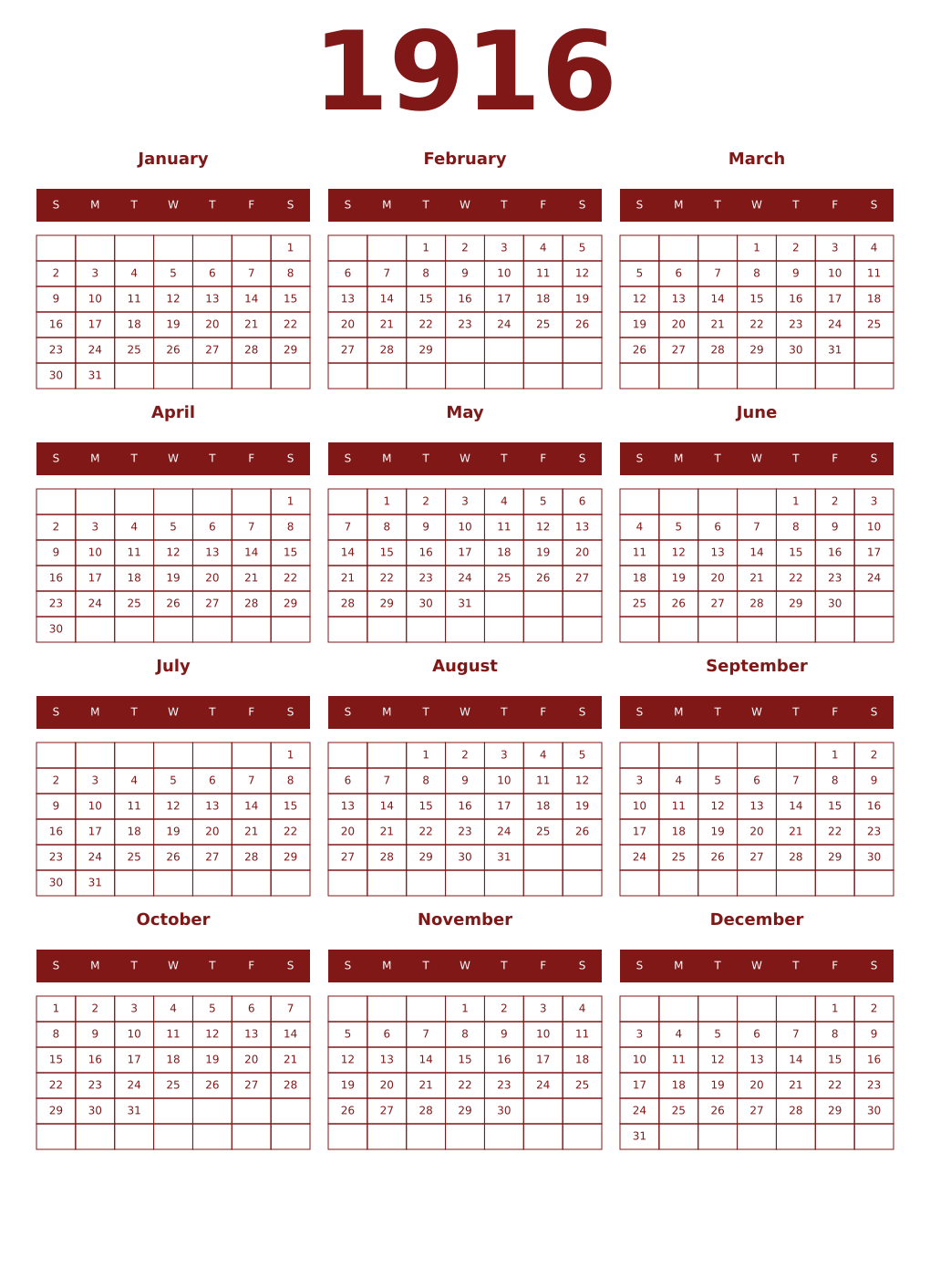 Printable 1916 Year Calendars falu