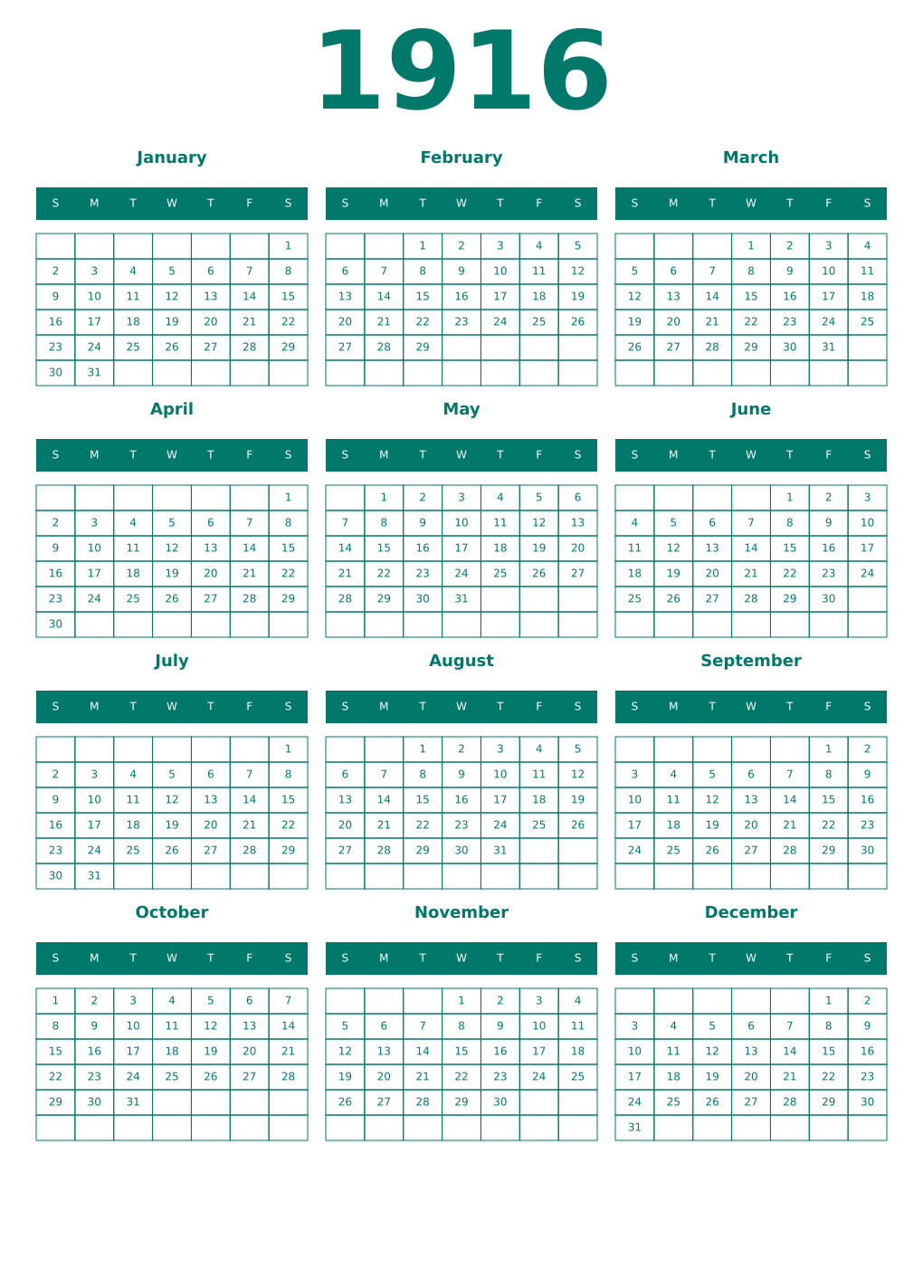 Printable 1916 Year Calendars pastel
