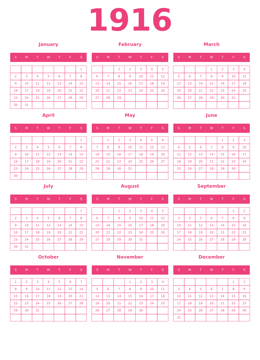 Printable 1916 Year Calendars pink