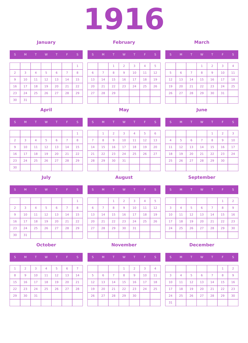 Printable 1916 Year Calendars purple
