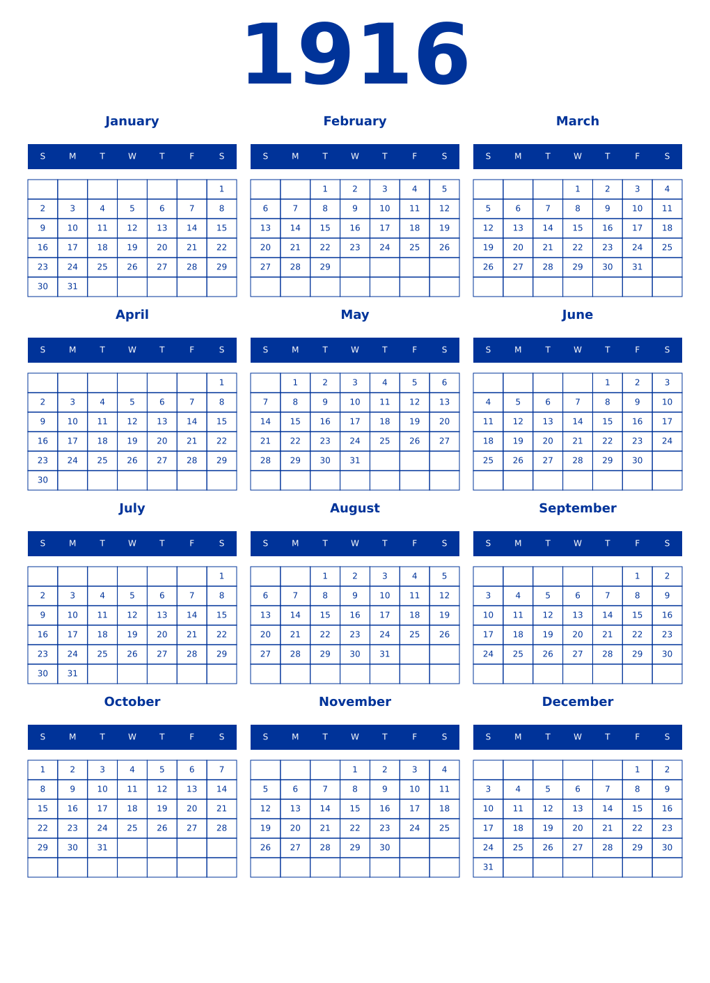 Printable 1916 Year Calendars smalt