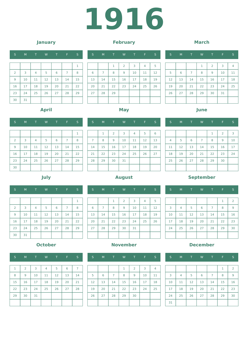 Printable 1916 Year Calendars viridian