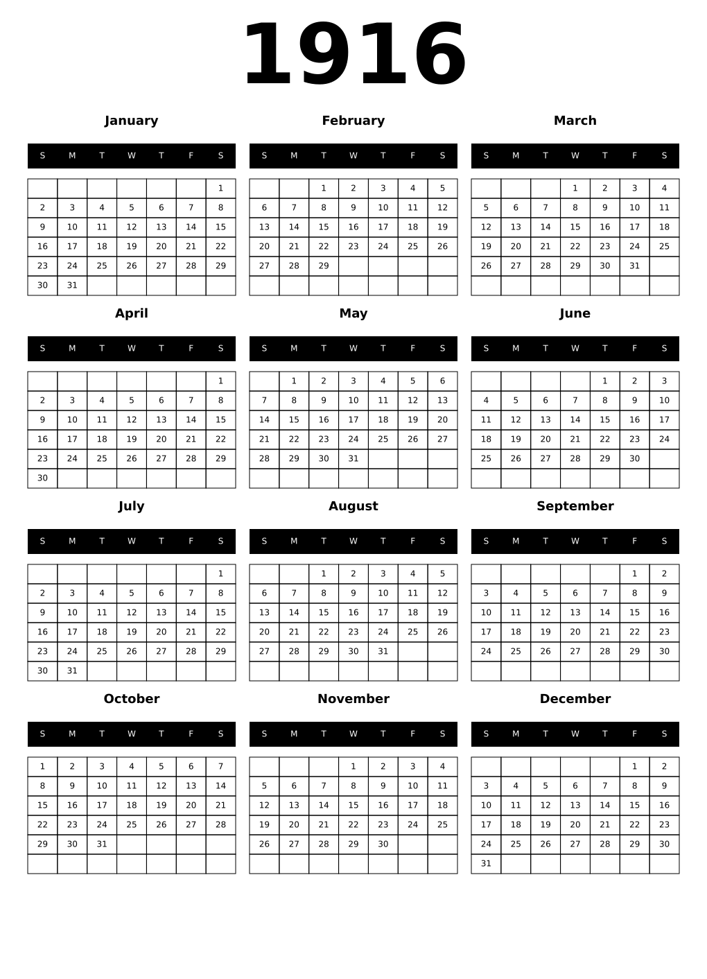 Printable 1916 Calendars