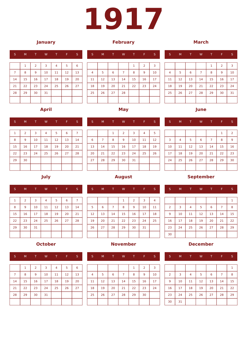 Printable 1917 Year Calendars falu