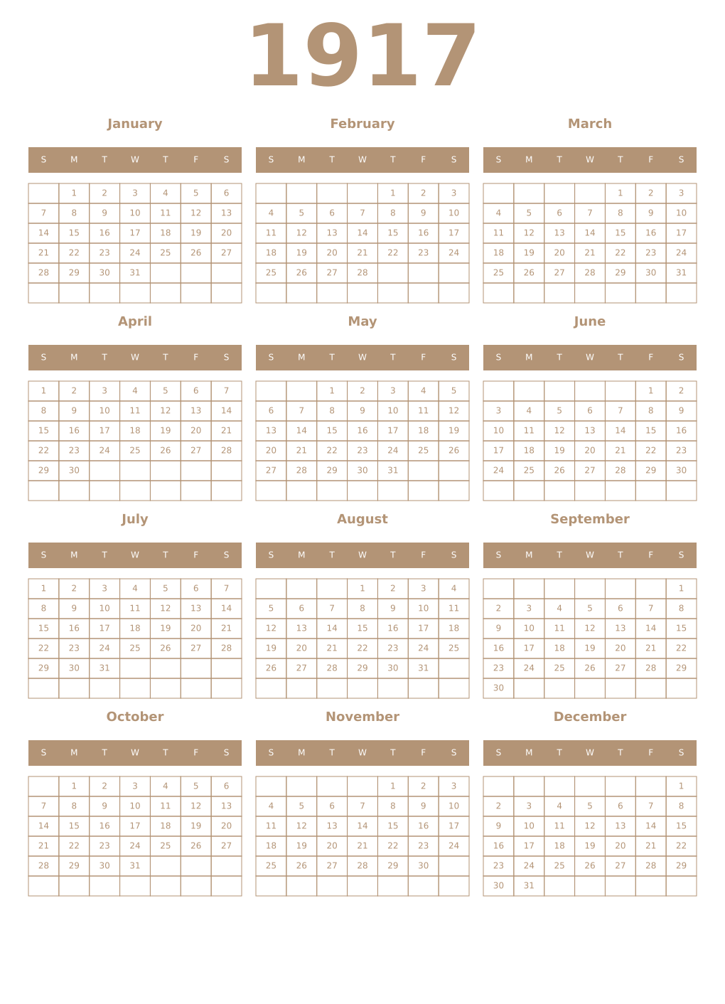 Printable 1917 Year Calendars isabelline