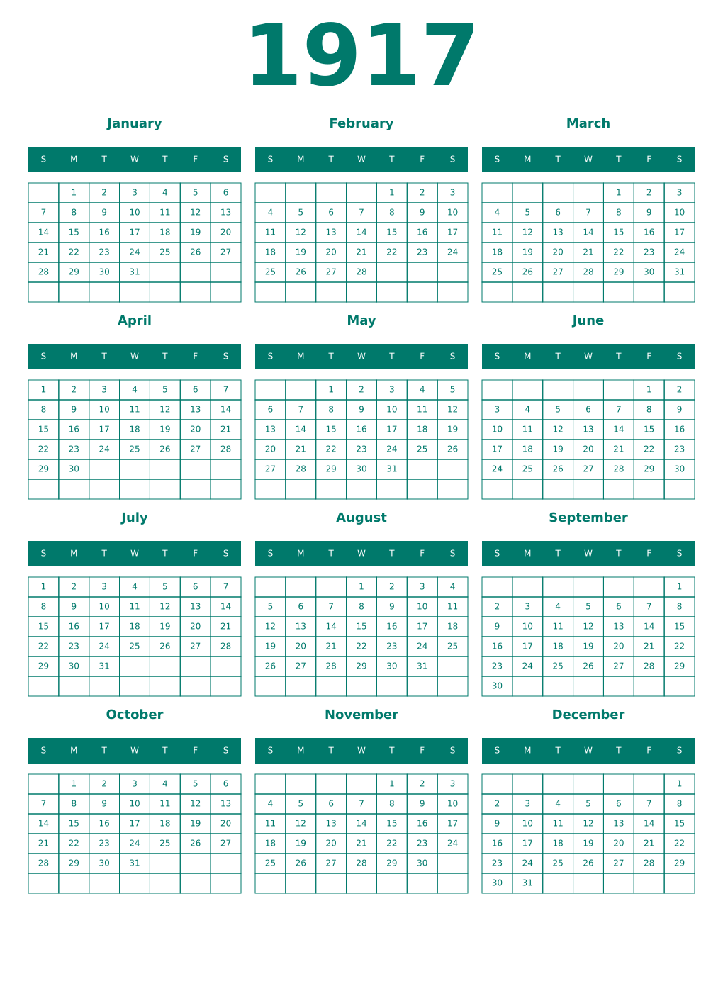 Printable 1917 Year Calendars pastel