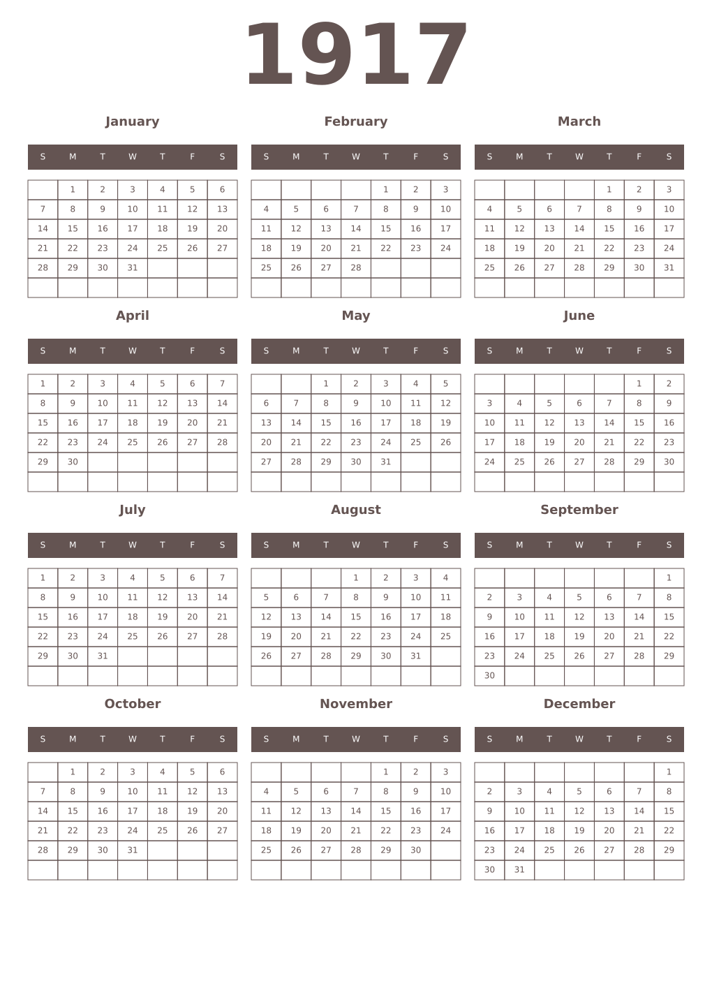 Printable 1917 Year Calendars wenge