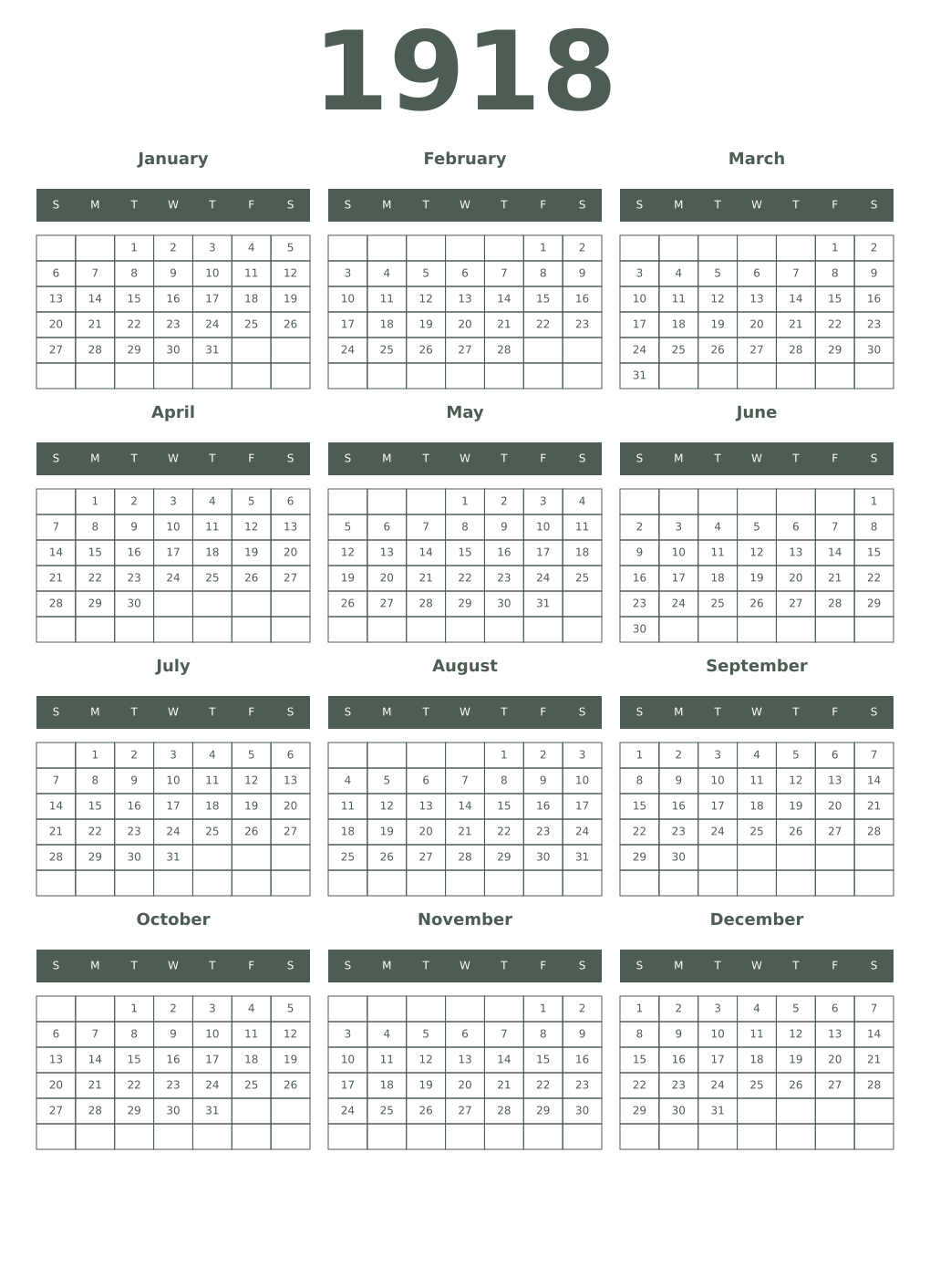 Printable 1918 Year Calendars feldgrau