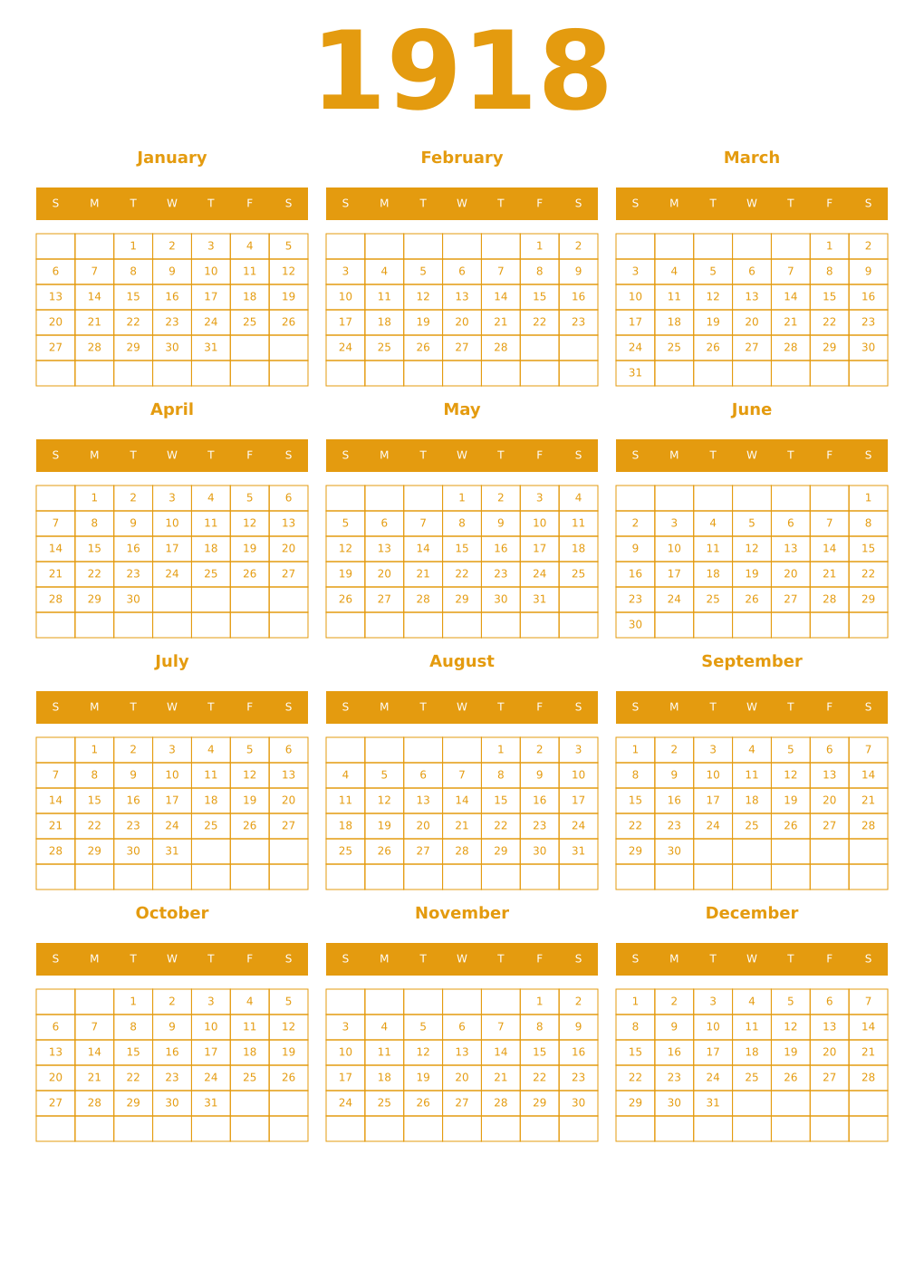 Printable 1918 Year Calendars gamboge